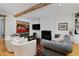 Spacious living room with a fireplace, comfortable seating, hardwood floors, and large television at 535 N High St, Denver, CO 80218