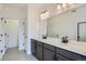 Contemporary bathroom featuring a double sink vanity, mirror, and modern fixtures at 9645 Browns Peak Cir, Littleton, CO 80125