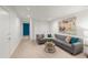 Carpeted living room with gray sofa, accent pillows, modern art, and recessed lighting at 2314 S University Blvd, Denver, CO 80210