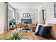 Inviting living room with hardwood floors, a decorative fireplace, and ample natural light from large windows at 2088 Kearney St, Denver, CO 80207