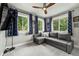 Inviting living room with ample windows providing backyard views, a ceiling fan, and comfortable seating at 2805 S Sherman St, Englewood, CO 80113