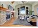 Cozy living room with a stone fireplace, hardwood floors, and large windows offering scenic views at 5149 Raintree Dr, Parker, CO 80134