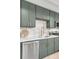 Close up of a stylish kitchen featuring stainless steel appliances, tiled backsplash, and green cabinets at 1210 E Colfax Ave # 104, Denver, CO 80218