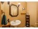 Small bathroom with pedestal sink, decorative mirror, and built-in shelving at 3891 Windchant Cir, Castle Rock, CO 80104