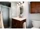 Updated bathroom featuring a tiled shower, vanity with sink, and modern fixtures at 4545 S Lipan Ct, Englewood, CO 80110