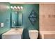 A stylish bathroom with teal textured walls, tile details, modern fixtures and geometric decor at 3956 Kalamath St, Denver, CO 80211