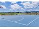 A vibrant blue basketball court with well-maintained hoops, set against a backdrop of neighborhood homes and clear skies at 8517 Eckley St, Littleton, CO 80125