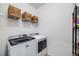 Functional laundry room equipped with a modern washer and dryer, and extra storage shelving at 8517 Eckley St, Littleton, CO 80125