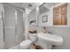 Bathroom with a stand-up shower and pedestal sink at 9416 Mcshane Ct, Parker, CO 80134