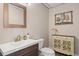 Charming powder room featuring a decorative mirror, modern vanity, and stylish decor at 22978 E Bailey Cir, Aurora, CO 80016