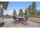 Spacious deck provides ample seating for outdoor dining and entertaining with views of the trees at 538 Sawmill Creek Rd, Evergreen, CO 80439