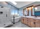 Luxurious bathroom features a glass shower, soaking tub, double vanity with wood cabinets, and skylight at 9239 Erminedale Dr, Lone Tree, CO 80124