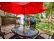 Charming backyard with red umbrella covered outdoor seating and colorful mural at 1341 Chester St, Aurora, CO 80010