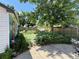 Well-maintained backyard with wooden fence, mature trees, muraled building and lush greenery at 1341 Chester St, Aurora, CO 80010