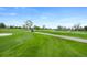 Beautiful golf course view with smooth green grass and a golf cart driving down the path at 32 Latigo Pl, Littleton, CO 80123