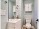 Stylish powder room with a modern sink, wall-mounted storage, and neutral color palette at 1583 Grove St # 5, Denver, CO 80204