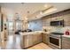 Stylish kitchen with stainless steel appliances, tiled backsplash, and breakfast bar seating at 1583 Grove St # 5, Denver, CO 80204