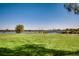 Expansive green lawn leads to a scenic lake with a charming bridge and the city skyline in the background at 1583 Grove St # 5, Denver, CO 80204