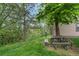 Serene backyard featuring a picnic table, a view of trees, and a grassy lawn for recreation at 701 Harlan St # E53, Lakewood, CO 80214