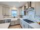 Modern kitchen with gray cabinets, white countertops, stainless steel appliances, and stylish backsplash at 16881 Roaming Elk Dr, Monument, CO 80132