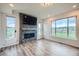Sunlit living room with a modern fireplace, large windows, and stylish laminate flooring at 16881 Roaming Elk Dr, Monument, CO 80132