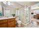 Bathroom featuring a glass shower, with a single sink vanity, and a large mirror at 12850 Ventana St, Parker, CO 80134