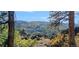 Stunning mountain view through a tree-lined foreground with colorful foliage at 9648 Yegge Rd, Morrison, CO 80465