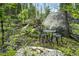 Secluded backyard area with patio table and mature trees and boulders at 30041 Marys Dr, Conifer, CO 80433