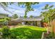 Beautiful backyard features a lush lawn, garden area, solar panels and covered patio at 3116 S Lincoln St, Englewood, CO 80113