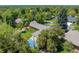 Aerial view of landscaped property featuring a well-maintained lawn, basketball court, and mature trees at 3980 S Dexter St, Cherry Hills Village, CO 80113