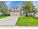 Charming two-story home featuring a blue front door, attached garage, and well-manicured lawn at 22974 E Dorado Dr, Aurora, CO 80015