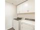 Modern laundry room equipped with a front-load washer and dryer and white cabinets at 1935 Coolidge Way, Aurora, CO 80018