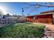 Fenced backyard with grass, stone pathway, and wood storage building at 241 N Grant St, Denver, CO 80203
