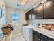 Well-lit laundry room with sleek, dark cabinetry, stainless steel washer and dryer, and a bright window at 607 Azalea St, Brighton, CO 80601