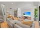 Bright living room boasts modern finishes, a stylish fireplace, and an open floorplan with hardwood floors throughout at 3232 W 16 Ave, Denver, CO 80204