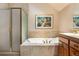 Relaxing bathroom featuring a jacuzzi tub, shower, and a decorative painting, offering a spa-like experience at 189 Ginger Quill Ln, Breckenridge, CO 80424
