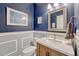 Stylish powder room featuring blue walls, a white vanity, and elegant fixtures at 13903 Hillsboro Dr, Parker, CO 80134