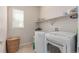 Well-lit laundry room features modern washer, dryer, and practical shelving, for efficient home management at 24043 E Florida Ave, Aurora, CO 80018
