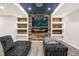 Modern living room featuring a fireplace, TV, shelving, stylish lighting, and comfortable seating at 3434 Antelope Ridge Trl, Parker, CO 80138