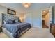 Bedroom featuring a tufted headboard, soft lighting, and a closet for ample storage, creating a tranquil retreat at 10646 Winding Pine Pt, Highlands Ranch, CO 80126