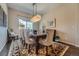 Elegant dining room with large window, stylish rug, seating for six, and decorative lighting fixture at 10646 Winding Pine Pt, Highlands Ranch, CO 80126