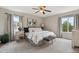 Serene main bedroom with plush carpet, neutral tones, and bright windows with curtains at 4526 Lyndenwood Pt, Highlands Ranch, CO 80130