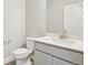 Modern bathroom with a sleek vanity, white countertop, and a toilet at 594 Fall River Ct, Brighton, CO 80601