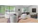 Living room features large windows and modern furniture, including white armchairs and a leather couch at 5516 S Havana Ct, Englewood, CO 80111