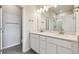Bathroom featuring double sinks, white cabinetry, and a glass-enclosed shower at 457 Interlocken Blvd # 105, Broomfield, CO 80021