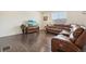 Cozy living room with dark wood floors and comfortable leather seating at 2682 E 161St Pl, Thornton, CO 80602