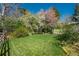 Spacious backyard with a lush lawn, mature trees, and landscaping at 7169 S Grape Ln, Centennial, CO 80122