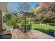 Lush backyard featuring a patio with table, chairs, umbrella and manicured lawn at 7169 S Grape Ln, Centennial, CO 80122