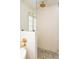 Walk-in shower showcasing white subway tile, gray hexagon floor tile, and gold fixtures at 2235 S Fillmore St, Denver, CO 80210