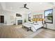A stunning main bedroom with an electric fireplace, hardwood floors, recessed lighting, and stylish decor at 5569 Willow Springs Dr, Morrison, CO 80465